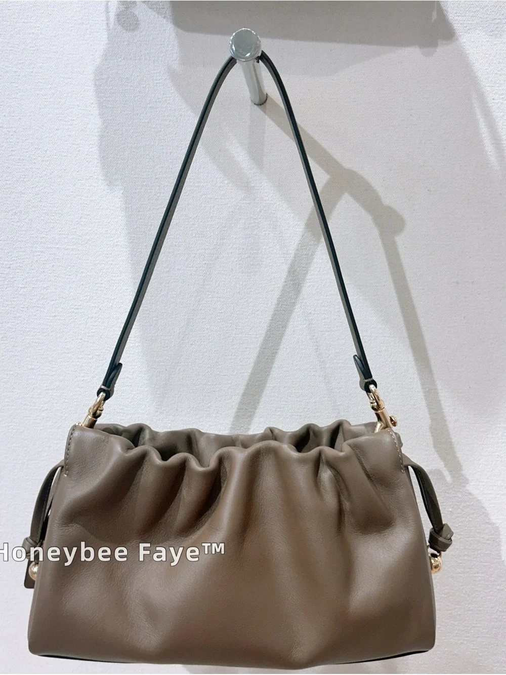 COACH Brown Ruched Leather Shoulder Bag with Gold-Tone Logo cv529 dark stone